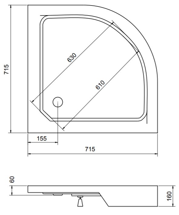 Duschwanne Viertelkreis 70x70 x 16 cm R55 Alex