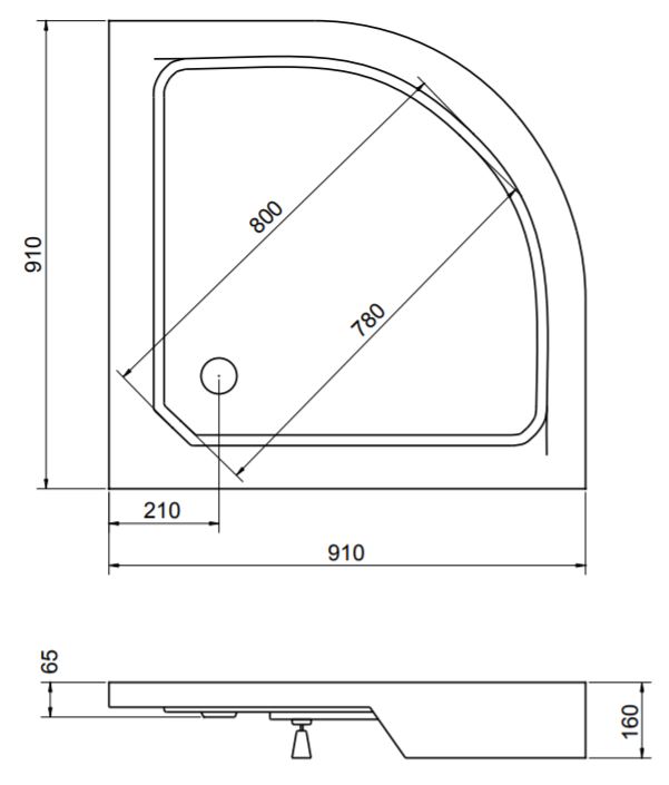 Duschwanne Viertelkreis 90x90 x 16 cm R55 Alex